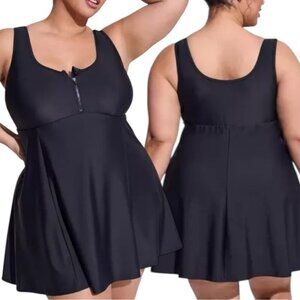 Torrid Zip Front Swim Dress Black Size 1 w/ Shorts UPF 50+